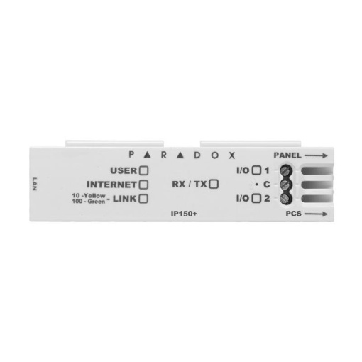 Modul internet Paradox IP150+, conectivitate cu Insite GOLD, BabyWare, NEware sau InField pentru accesarea sistemului via internet, suport DHCP, comunicație SWAN îmbunătățită, jurnale de diagnosticare încorporate, suport SSL pentru trimiterea mesajelor
