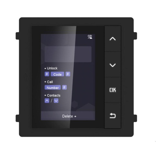 Modul de afisare pentru videointerfon modular Hikvision DS-KD-DIS; ecran LCD 3.5 inch, rezolutie 320x480P; 4 butoane de operare; memorie pentru 500 de contacte; apelare din lista de contacte; deschidere usa cu Pin cu ajutorul modului de tastatura( nu