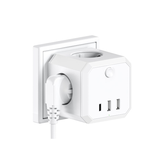 Adaptor priza alb tip cub cu 4 prize shucko 16A, 2xUSB si 1xType C – Solutia ideala pentru incarcare eficienta