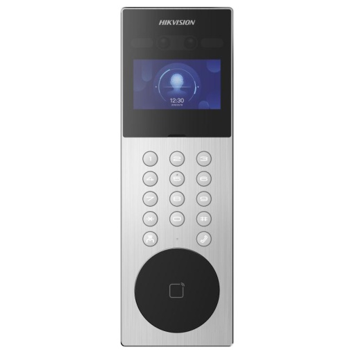 Post exterior videointerfon IP Hikvision DS-KD9203-ME6, recunoastere faciala, pin, card, 10000 de utilizatori, ecran LCD 800 × 480px, IP65, instalare aparenta, alimentare: 12 VDC, 1.5 A, dimensiuni: 373 mm × 124 mm × 43.7 mm, greutate: 0.405kg,