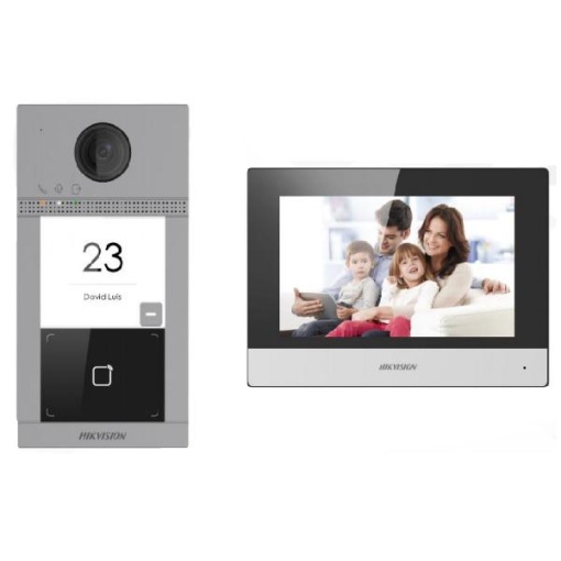 Kit videointercom IP Hikvision DS-KIS604-S(C) pentru o familie (o vila/casa) format din: 1 post de exterior DS-KV8113-WME1 cu un buton de apelare, 1 monitor WiFi de 7" DS-KH6320-WTE1, 1 card TF de 16GB pentru stocarea mesajelor si imaginilor capturate si