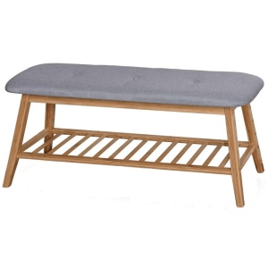 Bancheta cu suport pentru pantofi HM ST15, lemn masiv, stofa, capacitate 10 perechi, gri natur