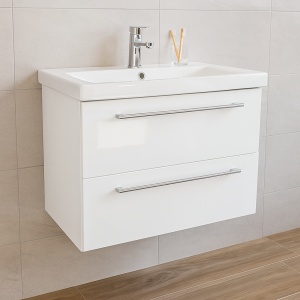 Baza cu lavoar ceramic GN0541, mobilier baie suspendat 80 cm, front MDF, 2 sertare, glisiere soft close, alb - Img 2