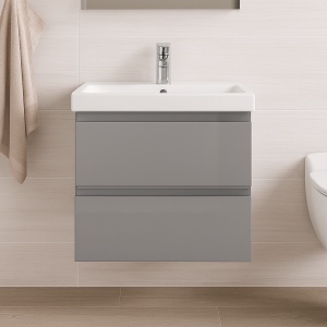 Baza si lavoar ceramic CS9761, mobilier baie suspendat 60 cm, dreptunghiular, front MDF, 2 sertare, glisiere soft close, gri - Img 2