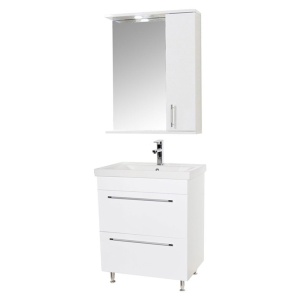 Baza si lavoar ceramic GN0541 cu oglinda dulap GN0201, mobilier baie stativ 60 cm, front MDF, 2 sertare, picioare cromate reglabile, LED, alb