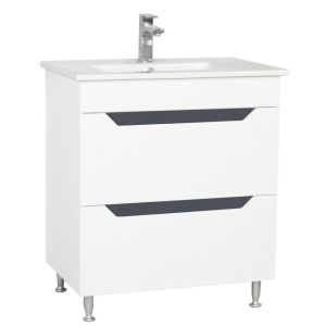 Baza si lavoar ceramic GN0561, mobilier baie stativ 70 cm, front MDF, 2 sertare, glisiere soft close, picioare cromate reglabile, alb antracit - Img 2