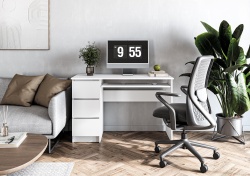 Birou cu suport glisant tastatura HM Cino, blat PAL, sertare, organizare office, design modern, alb - Img 1
