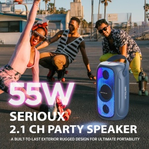 Boxa portabila Serioux PartyBoom, putere RMS: 55W, raport S/N >70dB, T.H.D.: <0.3%, frecventa : 40Hz~20KHz, baterie: 7.4V 3600Mah , functie TWS, functie Extra Bass, 8 moduri de iluminare RGB , IPX5 Waterproof/Bluetooth/USB/TF card/AUX - Img 3