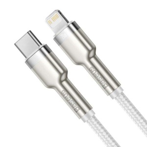 CABLU alimentare si date Baseus Cafule Metal, Fast Charging Data Cable pt. smartphone, USB Type-C la Lightning Iphone PD 20W, brodat, 1m, alb - Img 2