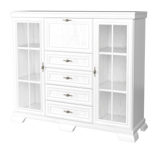 Comoda living cu vitrina VM7, o usa rabatabila pentru bar, 2 usi fixe, 3 sertare, Pal melaminat, cu insertii MDF, Alb Antichizat - Img 2