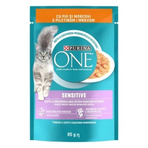 Hrana umeda pentru pisici, Pui si Morcovi, in sos, Purina One Sensitive, 85 g