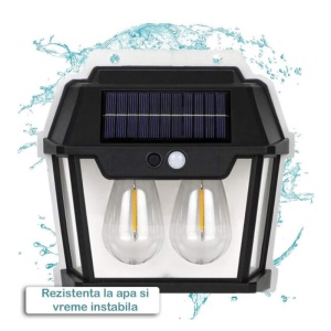 Lampa solara de perete cu 2 becuri LED, senzor de lumina si miscare, incarcare solara, 28W, 600 Lumeni, neagra - Img 3