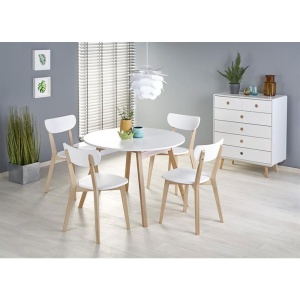 Masa extensibila living si bucatarie HM Ruben, lemn masiv, blat MDF, ovala, 6 persoane, 102-142x102x73 cm, alba