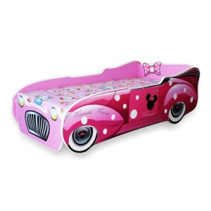 Pat pentru copii Minnie Car, Pal melaminat, margini rotunjite PVC, 2-12 ani, 170x84x55 cm, roz