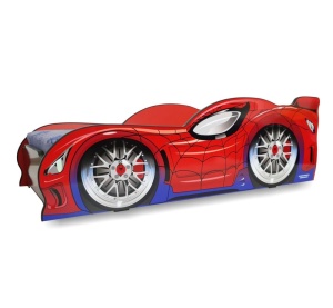 Pat pentru copii SpiderCar, Pal melaminat, margini rotunjite PVC, 2-8 ani, 150x74x50 cm, rosu