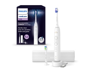 Periuta de dinti electrica Philips Sonicare HX7410/02, 62.000 miscari/minut, autonomie 21 zile, 3 mod de periere,3 intensitati, senzor presiune luminos, functia BrushSync, capat de periere Optimal White, capat de periere Senstive, toc transport, alb