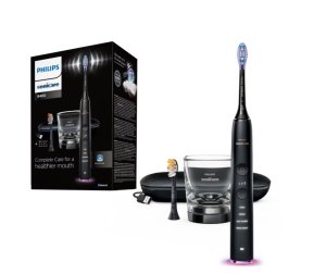 Periuta de dinti sonica electrica Philips Sonicare DiamondClean 9000 HX9917/89, 62000 miscari/minut, 4 moduri de curatare, 3 nivele intensitate, senzor presiune, functia BrushSync, 2 baze de incarcare, 2 capete de periere, aplicatie Sonicare, Negru