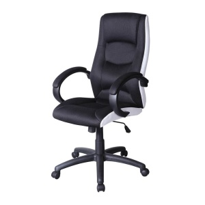Scaun directorial SL Q041, Inaltime ajustabila, Mecanism balansare, Stofa cu insertii de piele ecologica, 100 Kg, Alb Negru - Img 2