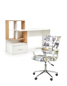 Set birou cu spatii depozitare HM Grosso, rafturi, sertar, PAL melaminat, 149x50x105 cm, stejar auriu alb si scaun copii HM Ibis Paris, Ergonomic, Cadru Cromat, Stofa, 100 Kg, Multicolor