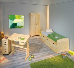 Set birou ergonomic pentru copii HM Julia, inaltime reglabila, unghi inclinare ajustabil, lemn si dulapior HM Nils, roti, sertare, natur - Img 3
