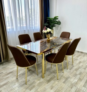 Set masa extensibila cu 6 scaune Dark Brown Marble – Eleganta si confort pentru casa ta - Img 4