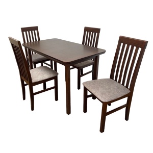 Set masa extensibila lemn masiv, living si bucatarie, DM4 Maxima, blat MDF Furniruit, colturi rotunjite, 120-150x70x76 cm si 4 scaune DM1 Tilo, lemn, stofa, 120 kg, nuc