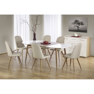 Set masa living extensibila HM Edward, blat MDF, structura metalica, ovala, 120-200x100x75 cm alb stejar si 4 scaune HM K214, piele ecologica, 100 kg, bej