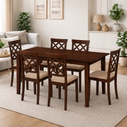 Set masa living extensibila Miami, MDF, lemn masiv, 120 150 x 80 x 73.8 cm si 6 scaune Vienna, tapitat stofa, 94x49x40 cm, nuc bej