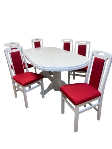 Set masa living extensibila SB Nork, MDF Furniruit, structura lemn masiv, 8 persoane, 198-160x90x74 cm si 6 scaune, tapiterie stofa, lacuit, 120 kg, alb rosu - Img 3