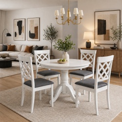 Set masa living rotunda Montreal, lemn masiv, MDF, 90x73.8 cm si 4 scaune Vienna, tapiterie stofa, 94x49x40 cm, alb gri