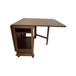 Set masa plianta cu spatiu depozitare Util, pentru living si bucatarie, PAL, structura lemn masiv, cu role, 160x96x80 cm si 6 scaune pliante, tapitate, piele ecologica, nuc - Img 3