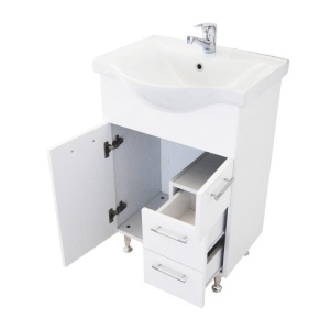 Set mobilier baie cu lavoar ceramic GN1531, front MDF, 55 cm, 2 usi, 2 sertare, picioare cromate reglabile, balamale soft close si oglinda cu dulap GN0201, dreptunghiulara, PAL, iluminare led, alb - Img 3