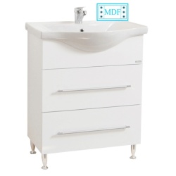 Set mobilier baie cu lavoar ceramic, GN1871, front MDF, un sertar, o usa, 65 cm, picioare cromate reglabile, manere cromate si oglinda cu dulap GN0001, PAL, iluminare led, 2 rafturi, alb - Img 2