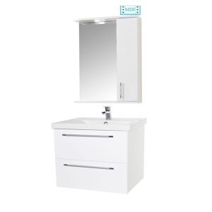 Set mobilier baie suspendat, cu lavoar ceramic, GN0541, front MDF, 60 cm, 2 sertare, glisiere soft close si oglinda cu dulap GN0201, dreptunghiulara, PAL, iluminare led, 2 rafturi, alb