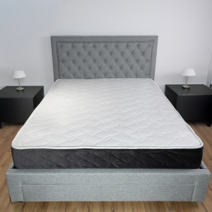Set pat matrimonial cu sertar Austin, elemente lemn masiv, tapitat cu stofa, cu somiera, gri si saltea ortopedica Optima Silver, arcuri, margine antilasare, sistem de aerisire,160x200 cm