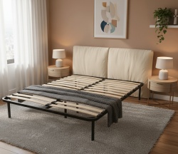 Somiera metalica fixa pentru pat 120x190, 6 picioare, 30 lamele lemn fag, benzi textile, suport saltea ferm, negru - Img 2