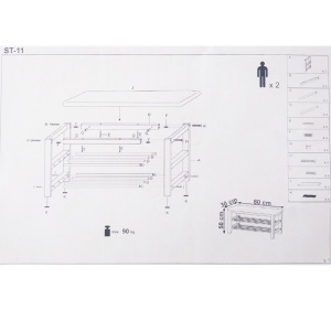 Suport pentru pantofi HM ST11, cu bancheta, lemn masiv, piele ecologica, 2 rafturi metalice, capacitate 8 perechi, alb - Img 3