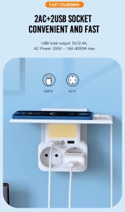 Adaptor 2 prize, 2 x USB, 4000W, lampa LED, senzor miscare, XO-WL09, Alb - Img 2