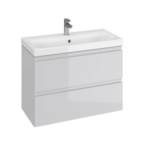 Baza si lavoar ceramic CS9741, mobilier baie suspendat 80 cm, dreptunghiular, front MDF, 2 sertare, glisiere soft close, gri - Img 2
