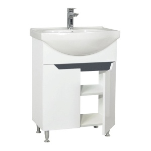 Baza si lavoar ceramic GN0501, mobilier baie stativ 70 cm, circular, front MDF, 2 usi, 2 rafturi, picioare cromate reglabile, alb antracit - Img 3