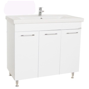 Baza si lavoar ceramic GN0541, mobilier baie stativ 80 cm, front MDF, 3 usi, 4 rafturi, balamale soft close, picioare cromate reglabile, alb