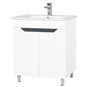 Baza si lavoar ceramic GN0561, mobilier baie stativ 70 cm, front MDF, 2 usi, picioare cromate reglabile, alb antracit - Img 2