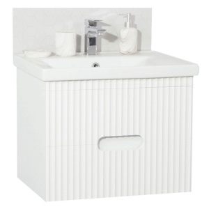 Baza si lavoar ceramic GN7091, mobilier baie suspendat 70 cm, dreptunghiular, front MDF riflat, sertare soft close, alb