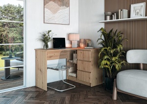 Birou pe colt HM Bega, blat PAL, 3 sertare, 2 rafturi, design modern, stejar artizanal