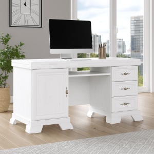 Birou VMB, clasic, 3 sertare, usa, polita tastatura, Pal Melaminat, insertii MDF, Alb Antichizat