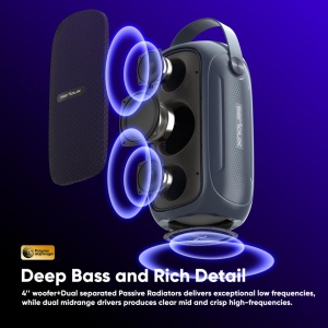 Boxa portabila Serioux PartyBoom, putere RMS: 55W, raport S/N >70dB, T.H.D.: <0.3%, frecventa : 40Hz~20KHz, baterie: 7.4V 3600Mah , functie TWS, functie Extra Bass, 8 moduri de iluminare RGB , IPX5 Waterproof/Bluetooth/USB/TF card/AUX - Img 4