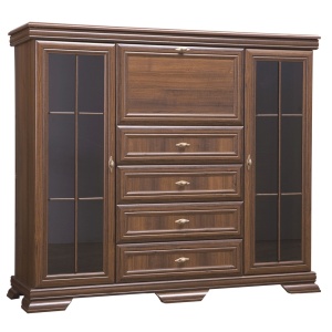Comoda living cu vitrina VM7, o usa rabatabila pentru bar, 2 usi fixe, 3 sertare, Pal melaminat, cu insertii MDF, Nuc - Img 2