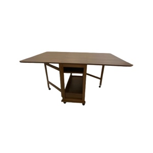 Masa plianta cu spatiu depozitare Util, pentru living si bucatarie, PAL, structura lemn masiv, cu role, 6 persoane, 160x96x80 cm, nuc
