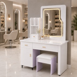 Masuta de toaleta VMA162 cu oglinda LED dreptunghiulara, front MDF, 100 cm, alb lila - Img 2