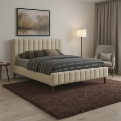 Pat matrimonial Erzon, elemente lemn masiv, tapitat cu stofa, cu somiera,140x200 cm, crem
